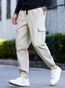 Manfinity Men Flap Pocket Side Drawstring Waist Cargo Jeans - Light Grey - View 4