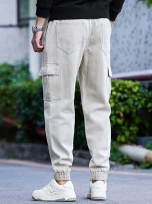Manfinity Men Flap Pocket Side Drawstring Waist Cargo Jeans - Light Grey - View 6