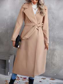 SHEIN Privé Lapel Neck Belted Overcoat - Khaki - View 5