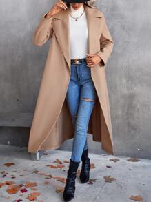 SHEIN Privé Lapel Neck Belted Overcoat - Khaki - View 6