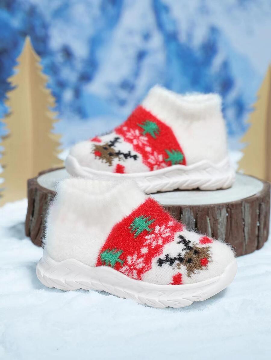 Girls Christmas Snowflake & Elk Pattern Slip-On Chunky Sneakers - White - View 1