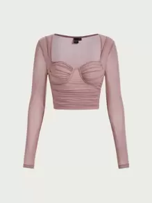 SHEIN MOD 胸部褶皺網紗短款T恤 - 藕粉色 - 查看 2