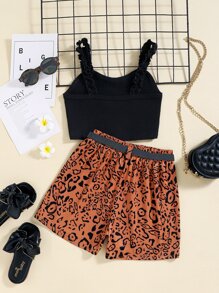 SHEIN 女孩褶邊吊帶上衣和滿版印花附腰帶短褲 - 彩色 - 查看 2