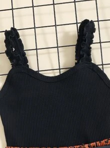 SHEIN 女孩褶邊吊帶上衣和滿版印花附腰帶短褲 - 彩色 - 查看 5