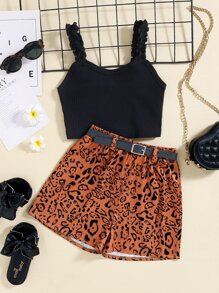 SHEIN 女孩褶邊吊帶上衣和滿版印花附腰帶短褲 - 彩色 - 查看 6