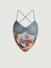 SHEIN MOD Figure Graphic Ruched Crisscross Backless Bandana Hem Cami Top - Multicolor - View 2