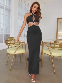 D&M Cut Out Crisscross Backless Split Hem Dress - Black - View 4