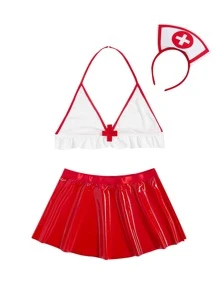 3 piezas Set disfraz de enfermera unido en contraste ribete con fruncido