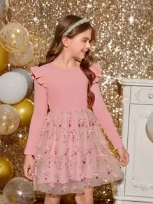 SHEIN Girls Appliques Detail Floral Embroidery Ruffle Trim Mesh Hem Dress - Dusty Pink - View 1