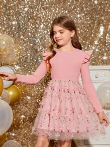 SHEIN Girls Appliques Detail Floral Embroidery Ruffle Trim Mesh Hem Dress - Dusty Pink - View 3