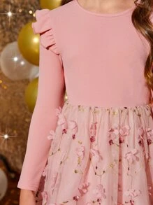 SHEIN Girls Appliques Detail Floral Embroidery Ruffle Trim Mesh Hem Dress - Dusty Pink - View 5