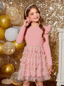 SHEIN Girls Appliques Detail Floral Embroidery Ruffle Trim Mesh Hem Dress - Dusty Pink - View 6