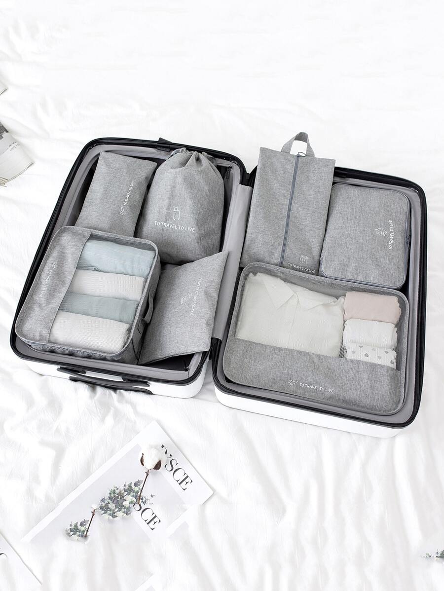7pcs Slogan Graphic Travel Storage Bag - Grey - View 1