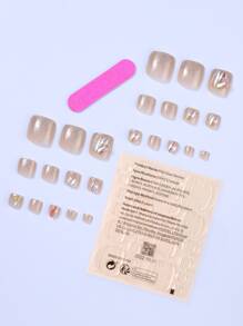 Transform Your Nails with 24pcs Short Square Gold Rhinestone Decor Gold Fake Toenail & 1pc Nail File & 1sheet Tape - Multicolor - View 2