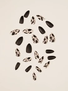 24入組長型杏仁形黑色啞面素面豹紋假指甲及1支指甲文件和1張膠帶壓克力假指甲貼片指甲用品 - 黑色 - 查看 5