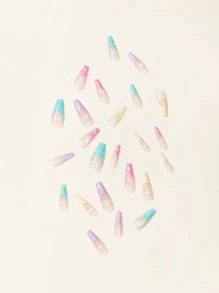 用24入組超長棺材彩色法式污跡假指甲和1入組指甲銼和1張膠帶提升您風格 - 彩色 - 查看 6