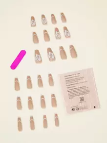 使用24入組超長棺材裸色啞光法式蝴蝶線假指甲和1入組指甲銼和1張膠帶升級您造型 - 彩色 - 查看 2