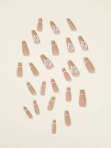 使用24入組超長棺材裸色啞光法式蝴蝶線假指甲和1入組指甲銼和1張膠帶升級您造型 - 彩色 - 查看 3