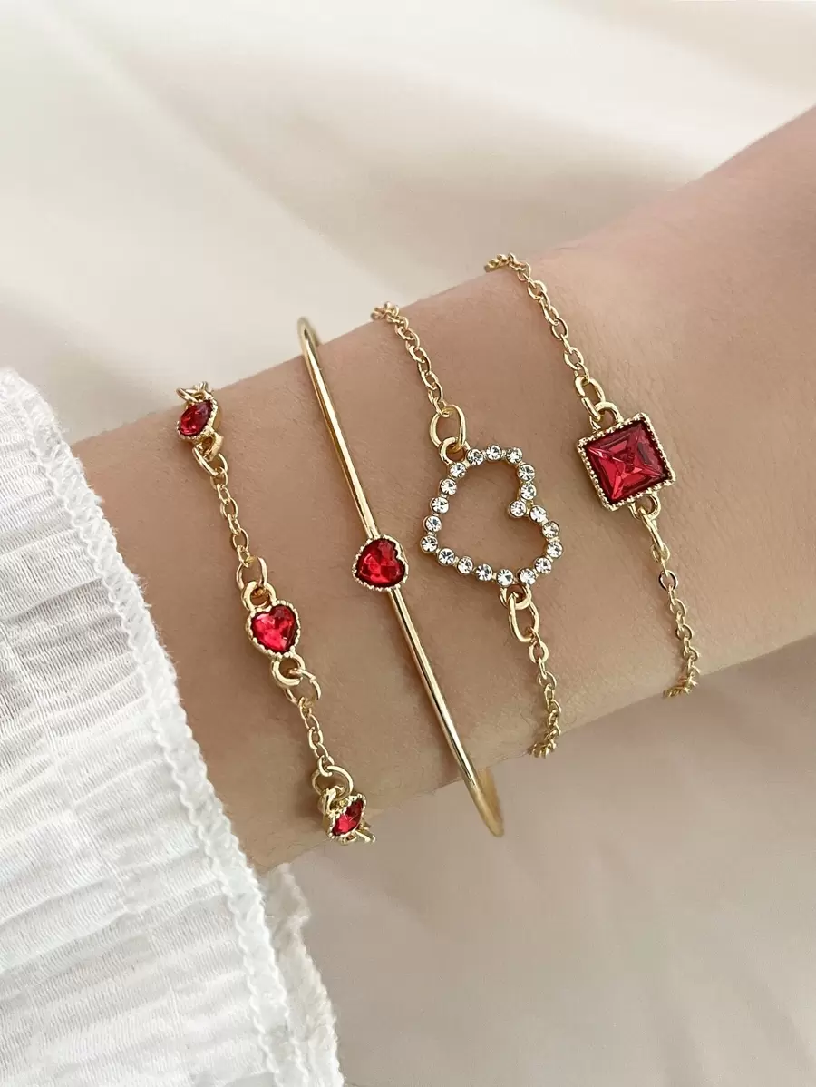 4pcs Rhinestone Square & Heart Decor Bracelet
