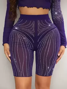 SHEIN SXY Rhinestone Pattern Mesh Cycling Shorts Without Panty - Purple - View 1