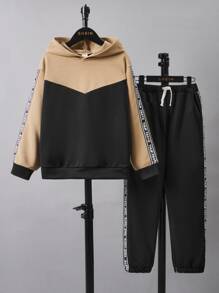 SHEIN Boys Letter Tape Panel Colourblock Hoodie & Joggers - Multicolor - View 4