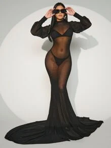 Hauture 小高領燈籠袖魚尾裙下擺網紗超長緊身連衣裙不附帶內衣褲套裝 - 黑色 - 查看 5