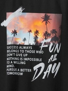 SHEIN Boys Coconut Tree & Slogan Graphic Tee - Black - View 3
