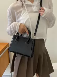 小方包優雅黑色雙把手PU皮革 - 黑色 - 查看 2