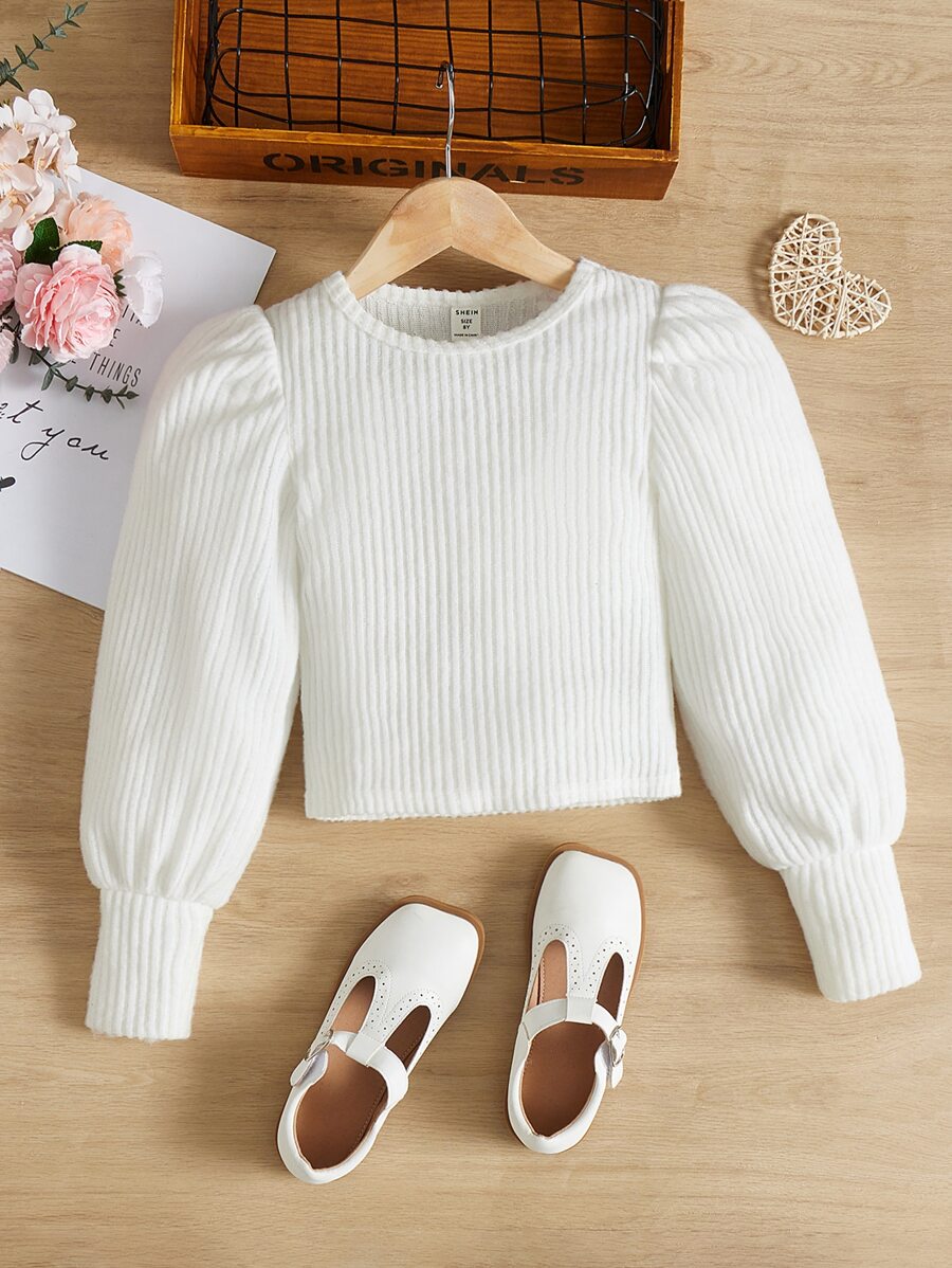 SHEIN Girls Plain Ribbed Knit Puff Sleeve Thermal Tee