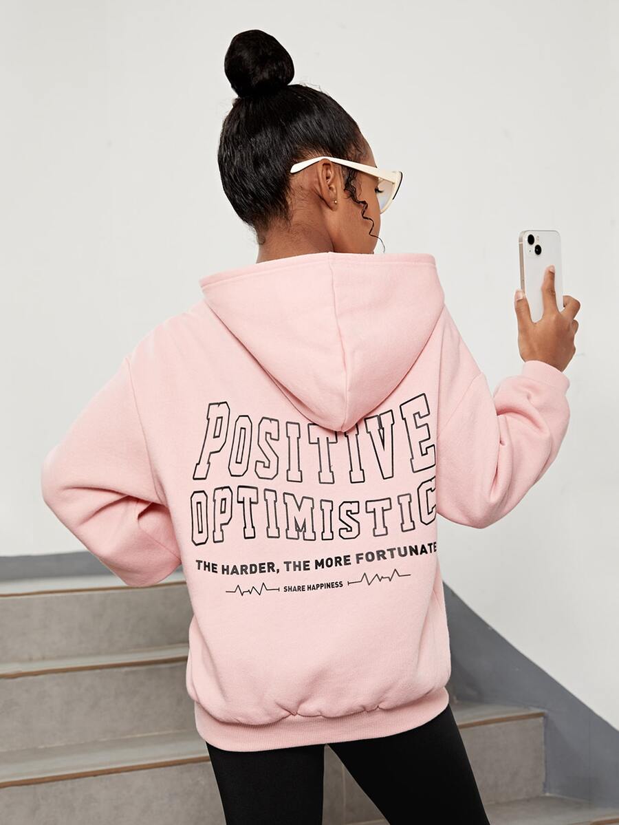 SHEIN 女孩標語圖案落肩袖保暖連帽衫