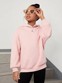 SHEIN 女孩標語圖案落肩袖保暖連帽衫