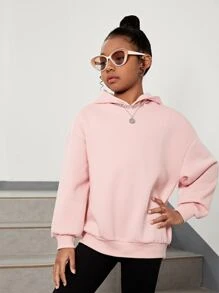 SHEIN 女孩標語圖案落肩袖保暖連帽衫