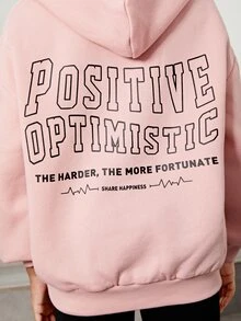 SHEIN 女孩標語圖案落肩袖保暖連帽衫