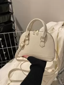 Bolso cruzado pequeño para mujer, clásico, con doble cremallera, asa superior, bolso satchel tipo cúpula, bolso de hombro - Beis - Ver 2
