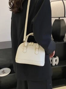 Bolso cruzado pequeño para mujer, clásico, con doble cremallera, asa superior, bolso satchel tipo cúpula, bolso de hombro - Beis - Ver 3