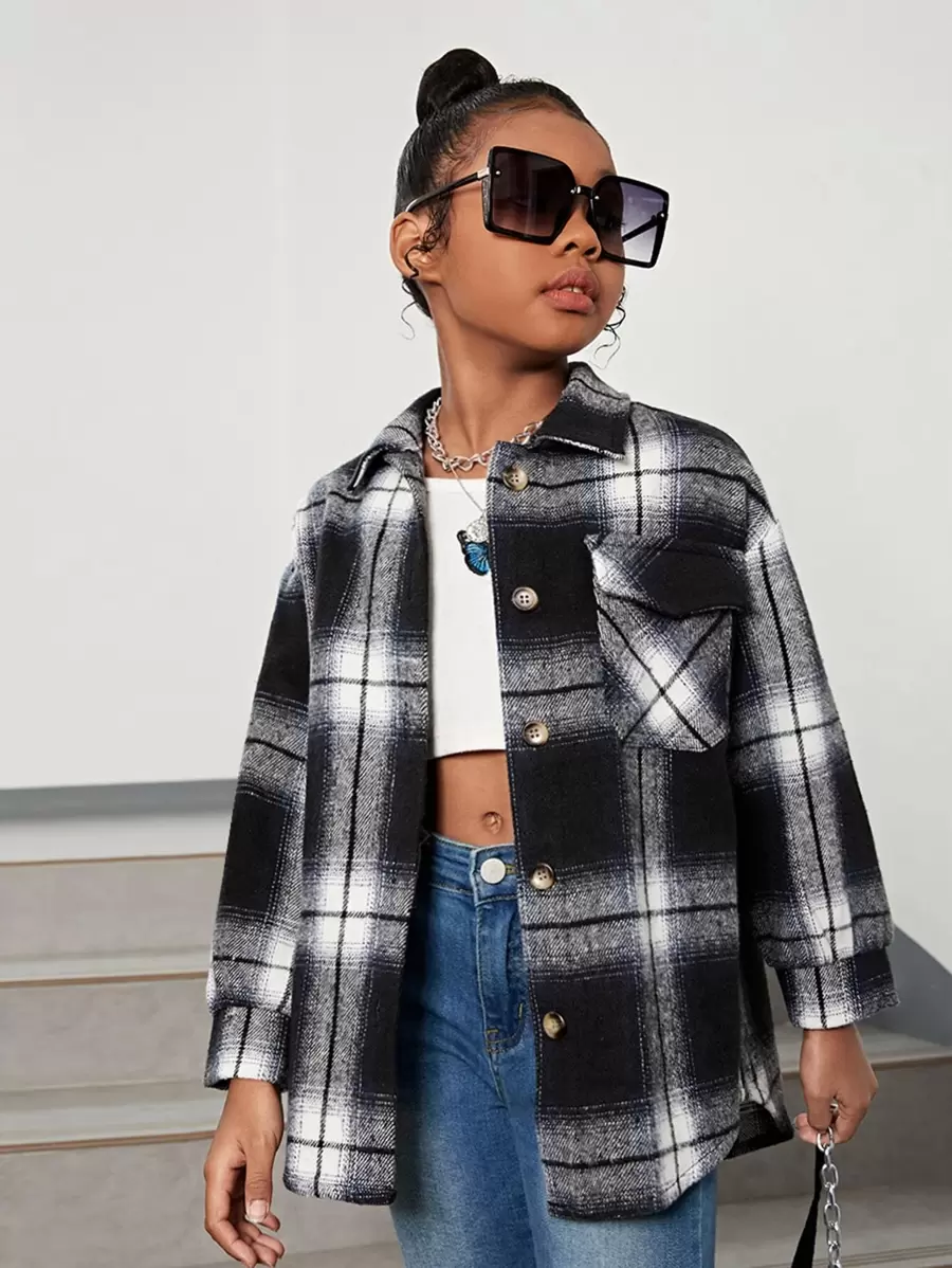 SHEIN Tween Girl Plaid Print Drop Shoulder Overcoat - Black and White - View 1