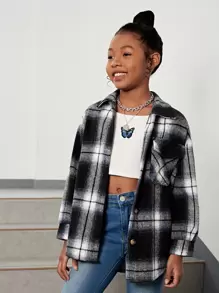 SHEIN Tween Girl Plaid Print Drop Shoulder Overcoat - Black and White - View 3