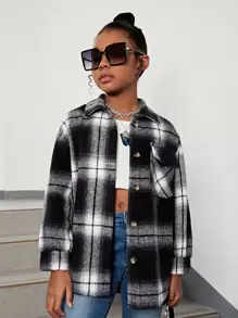 SHEIN Tween Girl Plaid Print Drop Shoulder Overcoat - Black and White - View 4