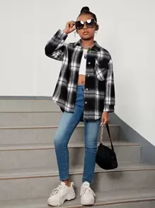 SHEIN Tween Girl Plaid Print Drop Shoulder Overcoat - Black and White - View 6