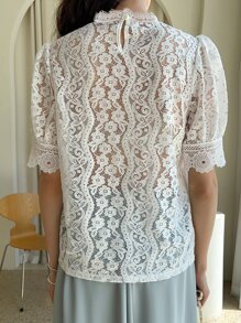DAZY Puff Sleeve Lace Top - White - View 2