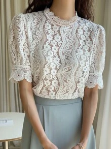 DAZY Puff Sleeve Lace Top - White - View 3