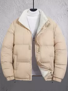 Manfinity Homme 1pc Men's Loose Fit Hooded Padded Coat With Drawstring Hem And Thermal Lining - Khaki - View 1