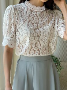 DAZY Puff Sleeve Lace Top - White - View 4