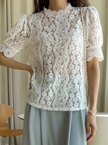 DAZY Puff Sleeve Lace Top - White - View 5