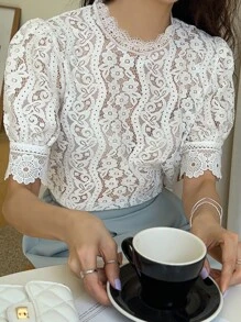 DAZY Puff Sleeve Lace Top - White - View 7