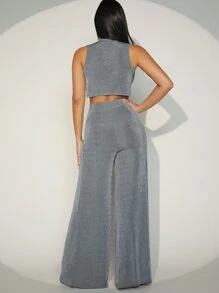 Hauture Mock Neck Top & Wide Leg Pants Two Piece Set - Grey - View 2