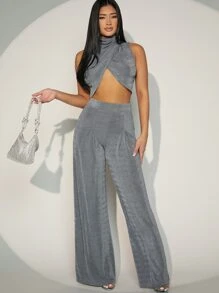 Hauture Mock Neck Top & Wide Leg Pants Two Piece Set - Grey - View 5