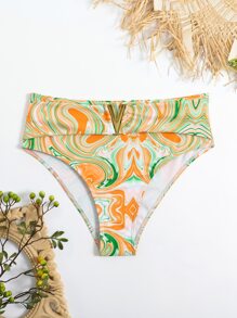 Marble Print High Waisted Bikini Bottom - Multicolor - View 5