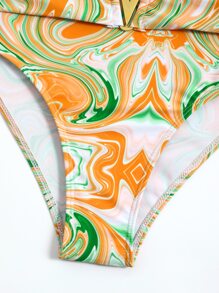 Marble Print High Waisted Bikini Bottom - Multicolor - View 3