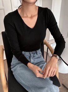 DAZY 純色v領綁帶針織毛衣 - 黑色 - 查看 6